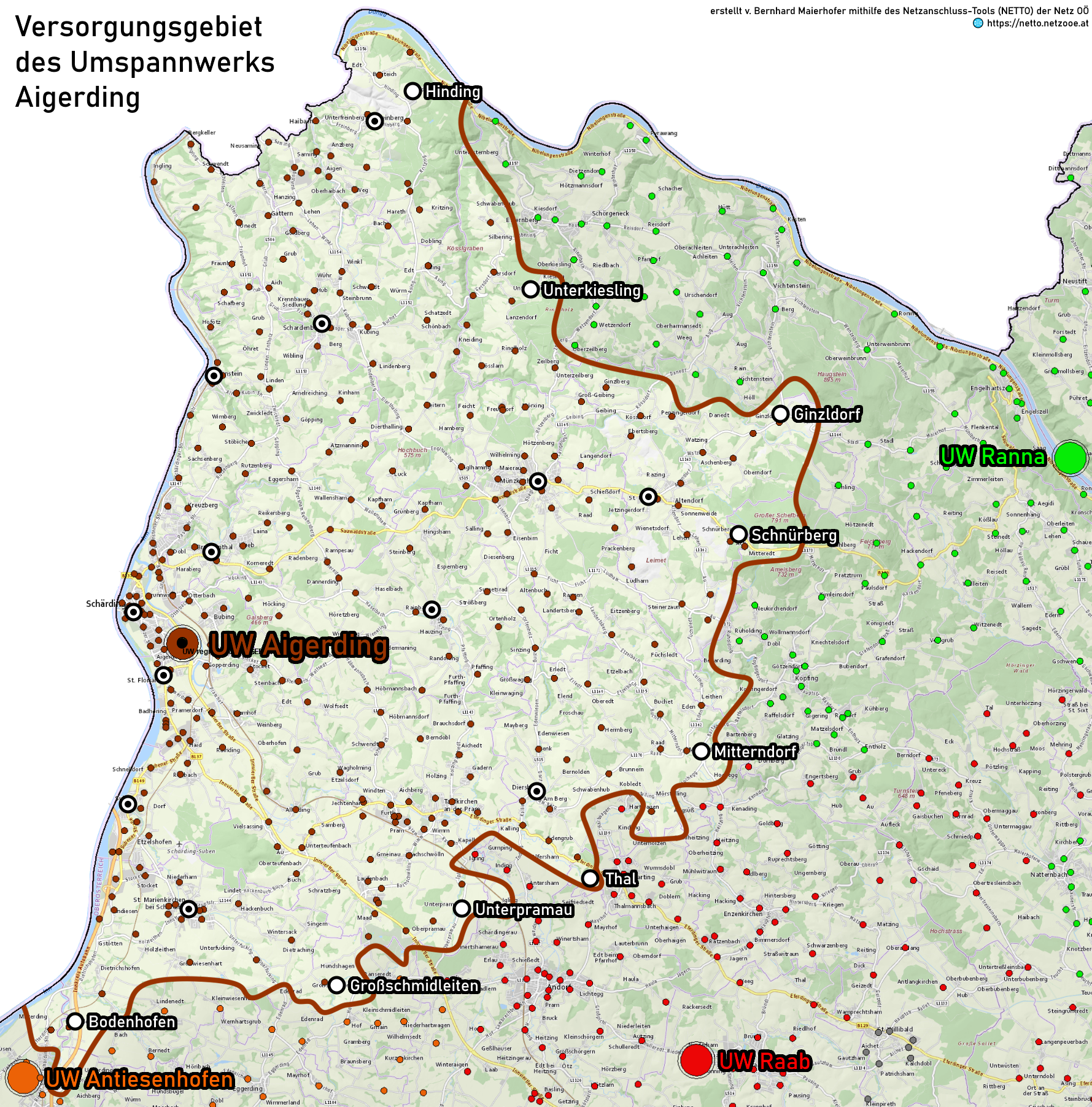 Karte: Versorgungsgebiet des Umspannwerks Aigerding